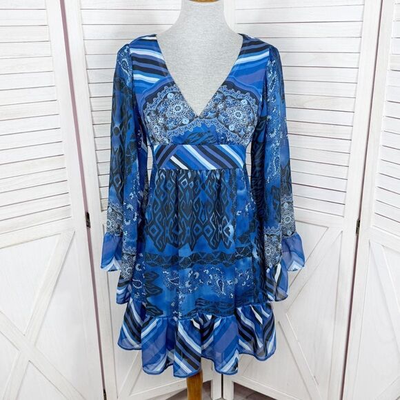 Betsey Johnson Boho Mixed Print Dress Tiered Bell Sleeve Tie Back Blue 4 - Picture 1 of 14